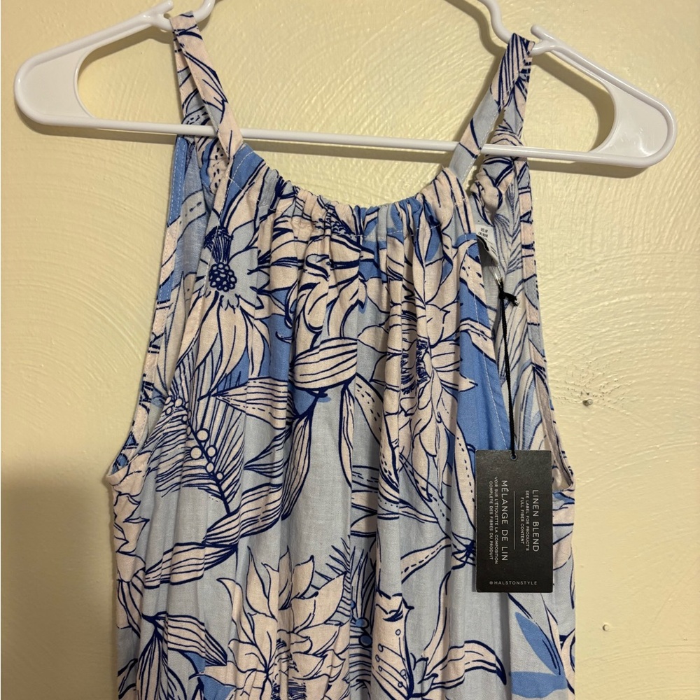 Halston Linen Blend Blue Floral Halter Maxi Dress NWT Size M - Picture 6 of 8